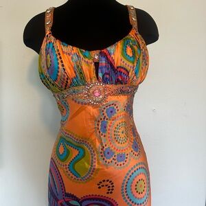 Multi colored long formal satin dress